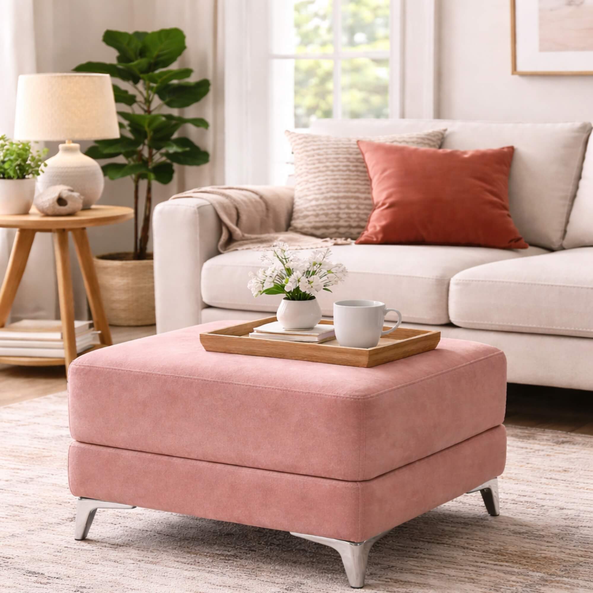 Living room with a pink ottoman, white sofa, and decorative items.