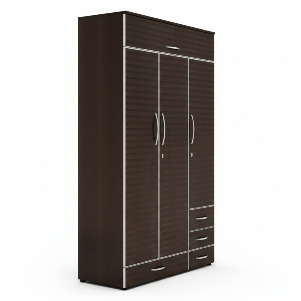 Dark brown wardrobe with multiple doors and drawers on a white background