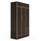Dark brown wardrobe with multiple doors and drawers on a white background