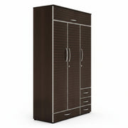 Dark brown wardrobe with multiple doors and drawers on a white background
