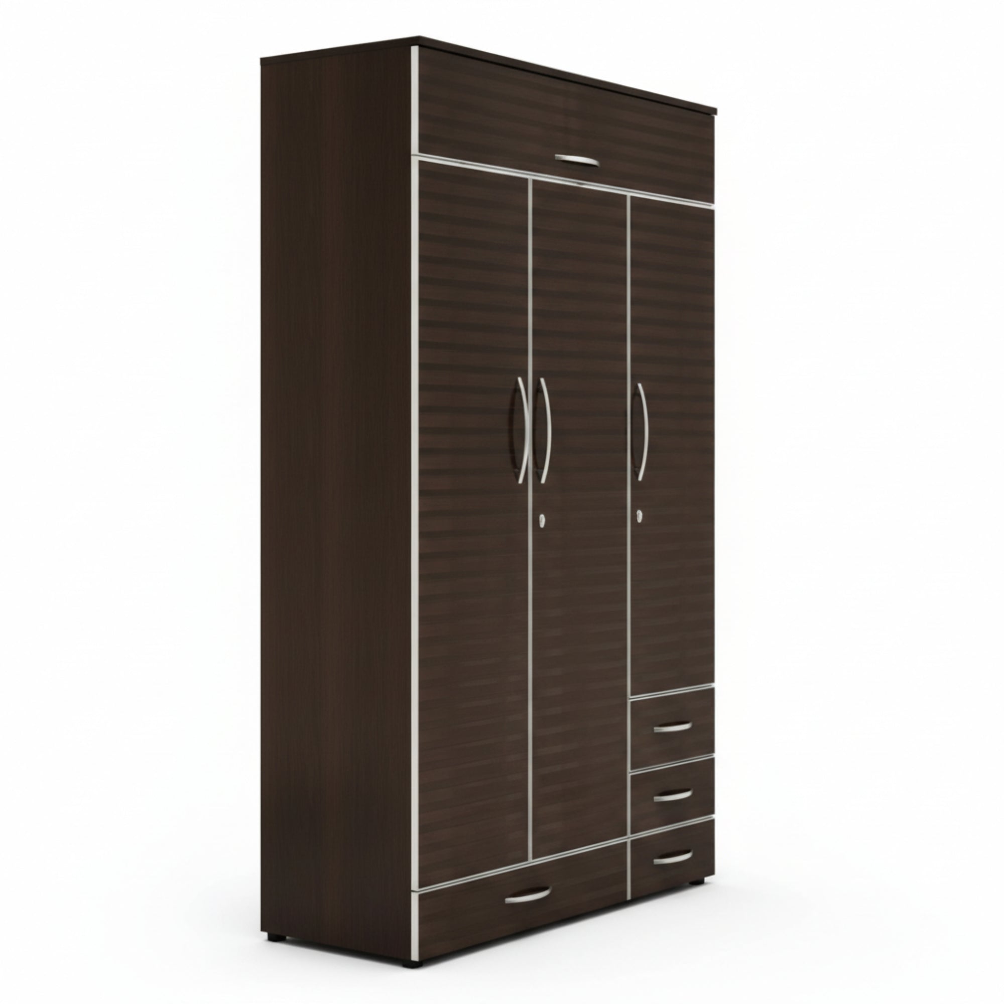 Dark brown wardrobe with multiple doors and drawers on a white background