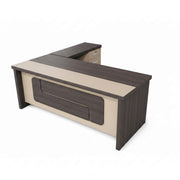 l-shaped office desk with dark wood nd beige finish on a white background