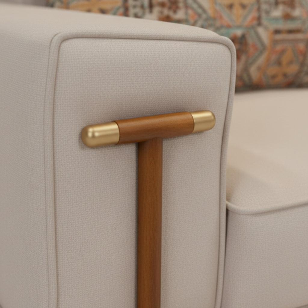 Lavish 3 Seater Sofa’s armrest corner with a stylish wooden accent support is exhibited.