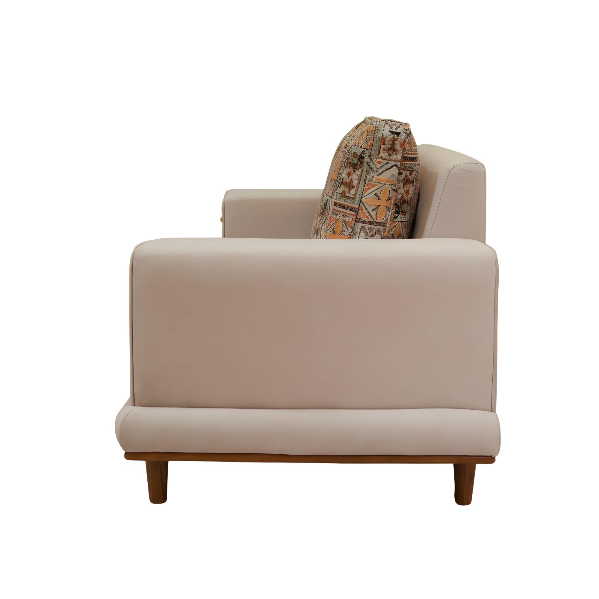Lavish 3 Seater Sofa’s gently curved armrest, plush cushioning and sleek wooden legs are showcased.