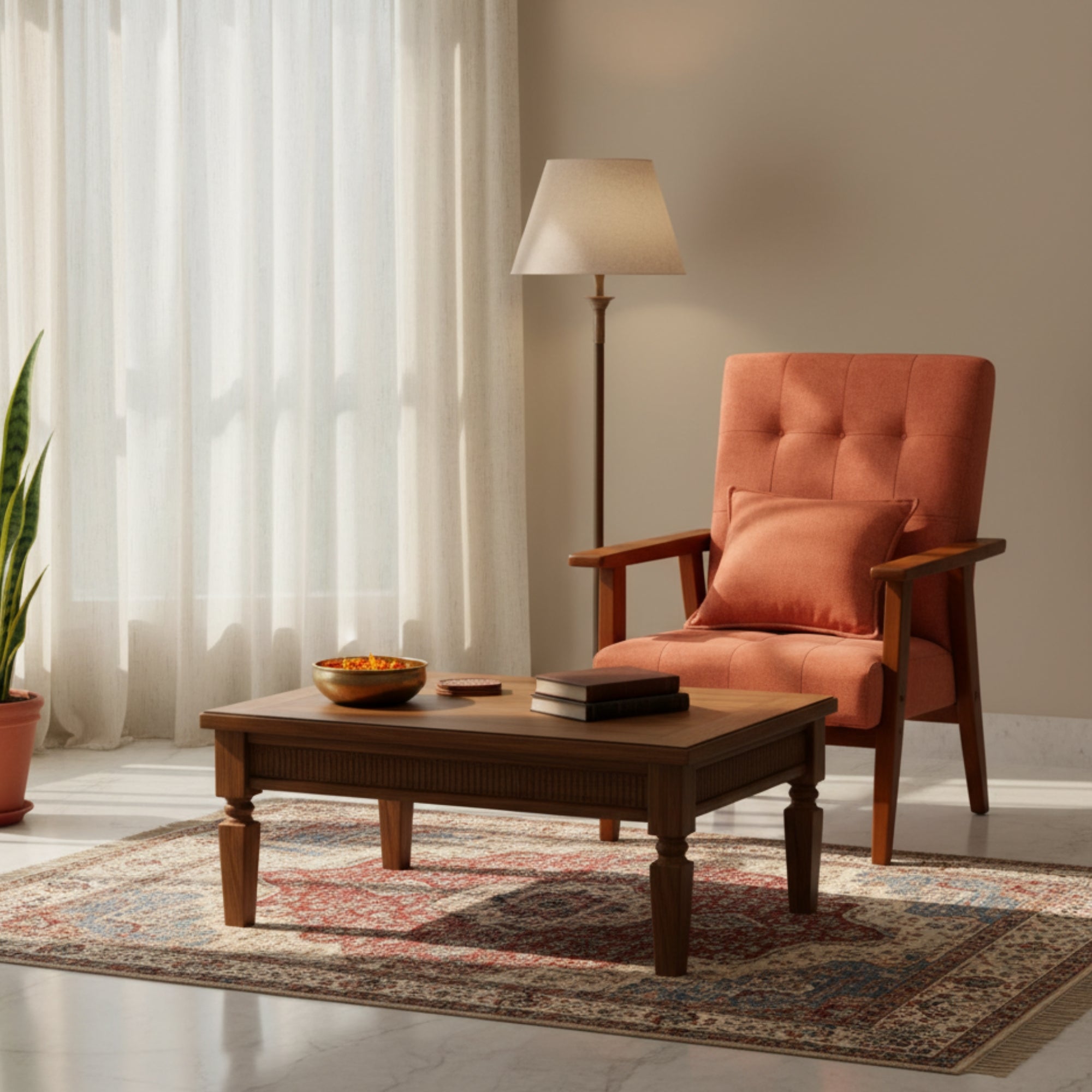 Living room with an orange armchair, wooden coffee table, and lamp.