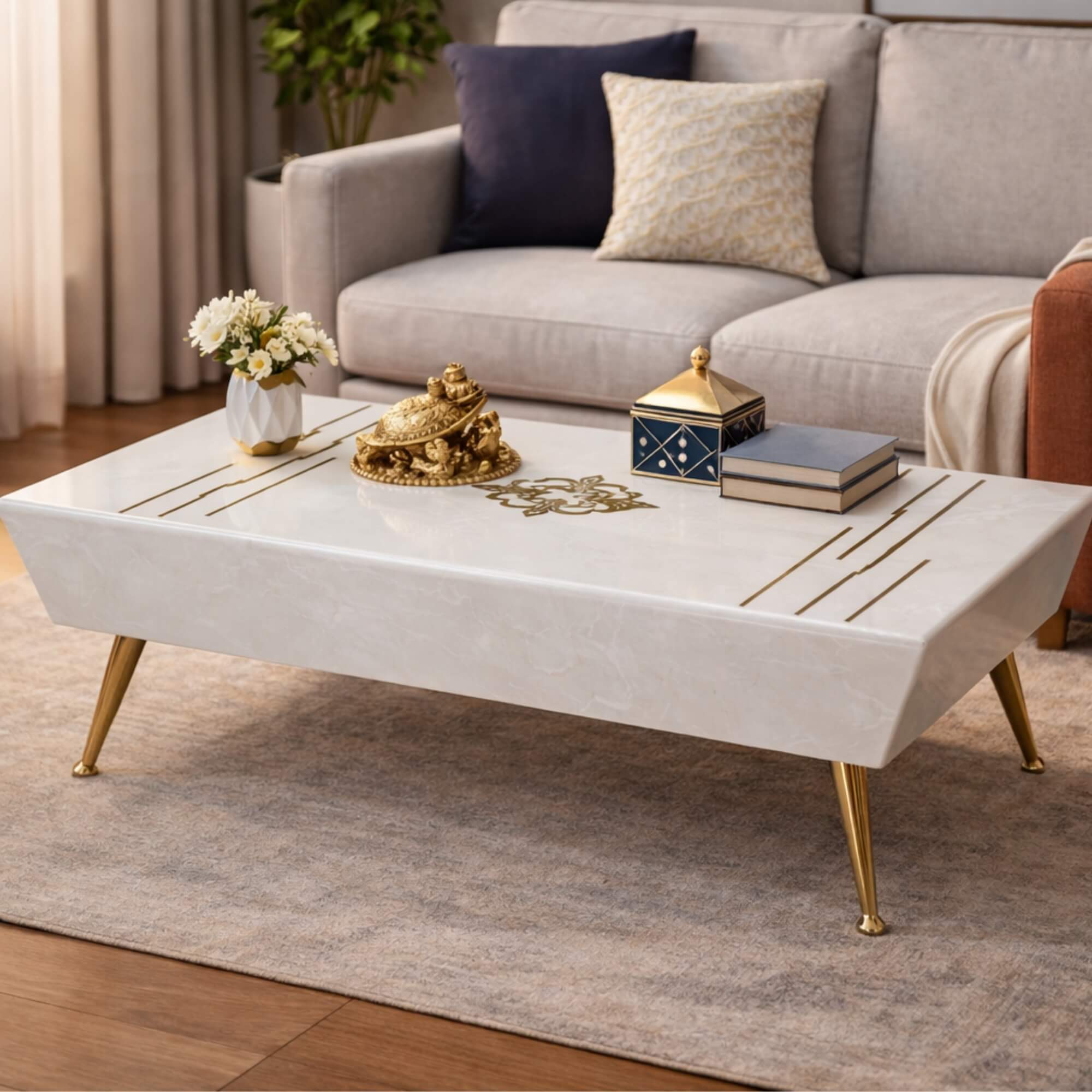 Mercy Coffee Table with cuboid looking marble table top, unique design in its centre and side detailing on both sides| Krishna Furniture