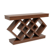 Monarch Console Table depicts bold criss-cross support structure made of angled wooden slats.