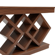 Monarch Console Table showcases striking open-grid base made with intersecting wooden strips forming diamond-shaped compartments.