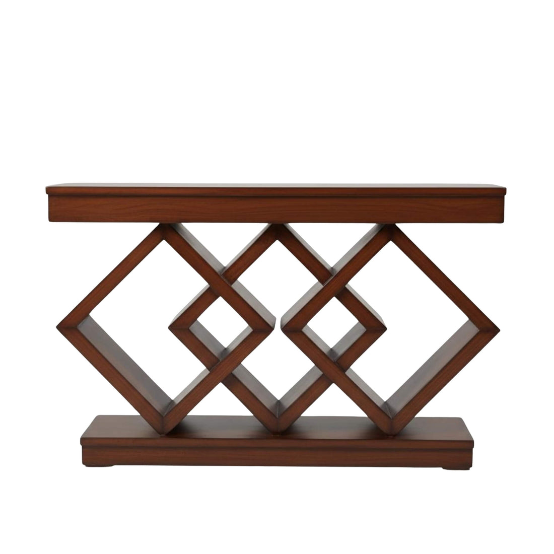 Monarch Console Table shows an open lattice-style geometric base with intersecting diamond patterns.