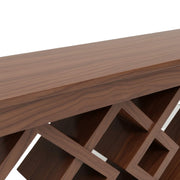 Monarch Console Table’s wooden tabletop resting on a diagonal lattice framework is exhibited.