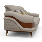 Moon 3 Seater Sofa’s curved armrest design, quilted textures and sophisticated wooden accents are depicted.