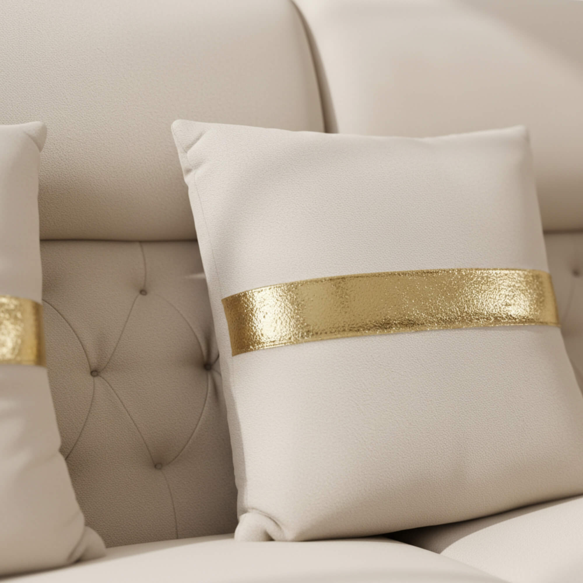 Moon 3 Seater Sofa’s designer cushions are showcased with elegant metallic accents.
