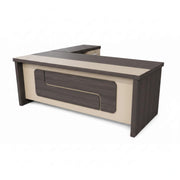 U-shaped desk with dark wood top and beige sides on a white background