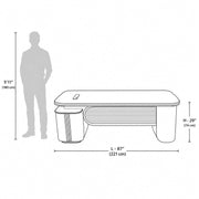 Measurement chart showing a desk with dimensions relative to a standing person.