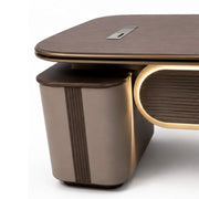 Modern desk with wooden top and metallic base on a white background