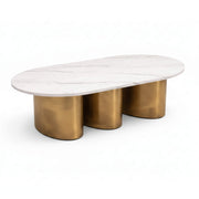 Oval Marble Coffee Table 821 depicts the length of its marble-patterned surface and the spacing of its gold base pillars.