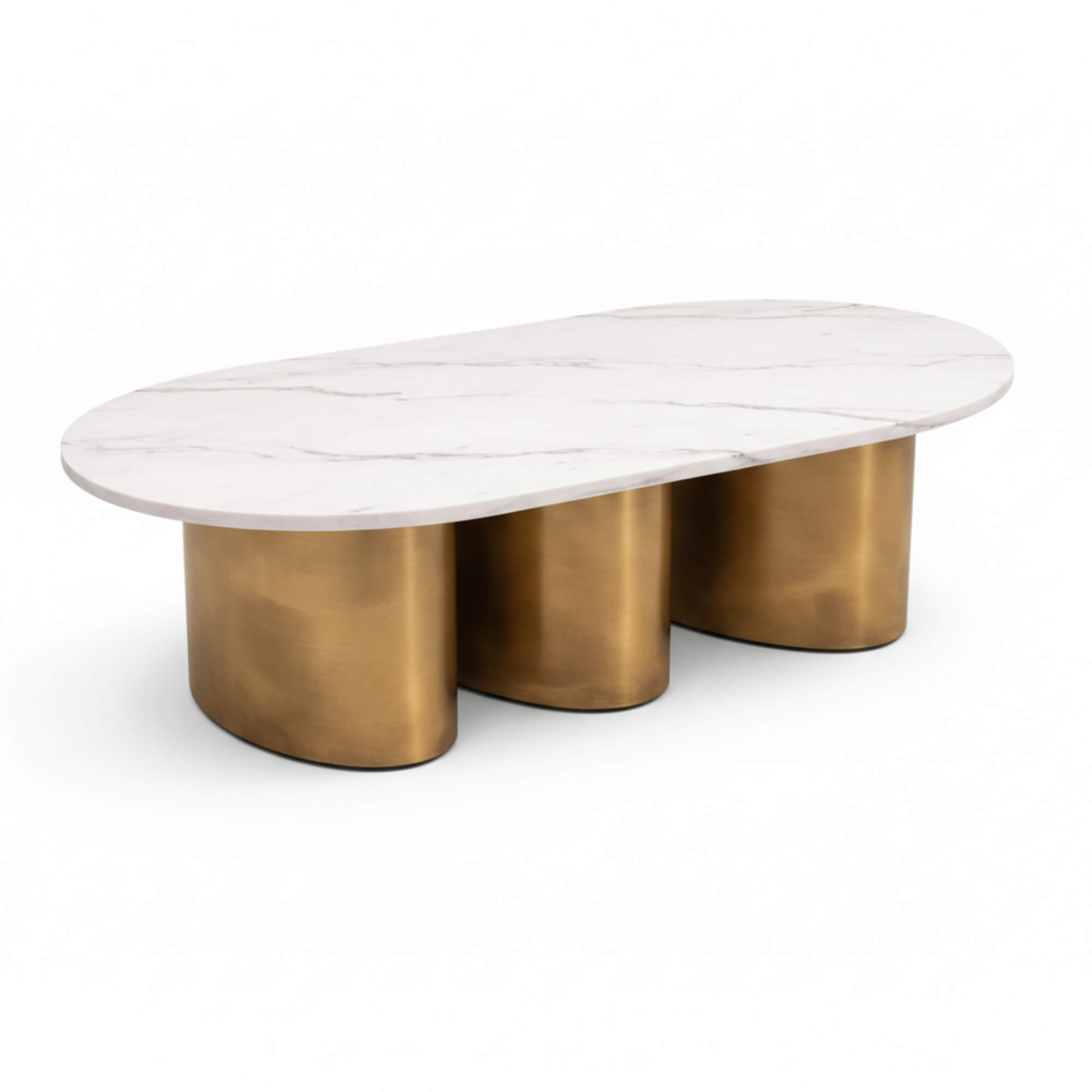 Oval Marble Coffee Table 821 depicts the length of its marble-patterned surface and the spacing of its gold base pillars.