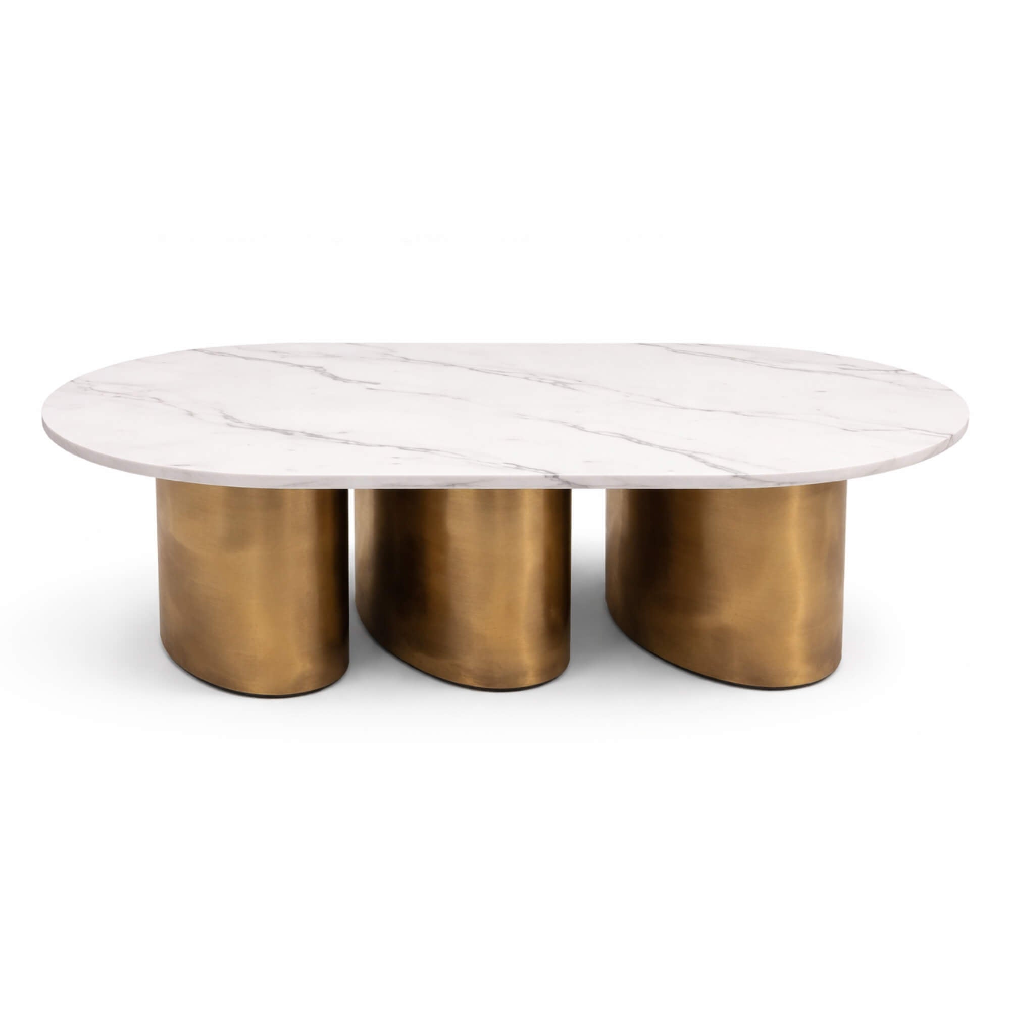 Oval Marble Coffee Table 821 flaunts a white faux-marble top supported by three thick, cylindrical gold legs