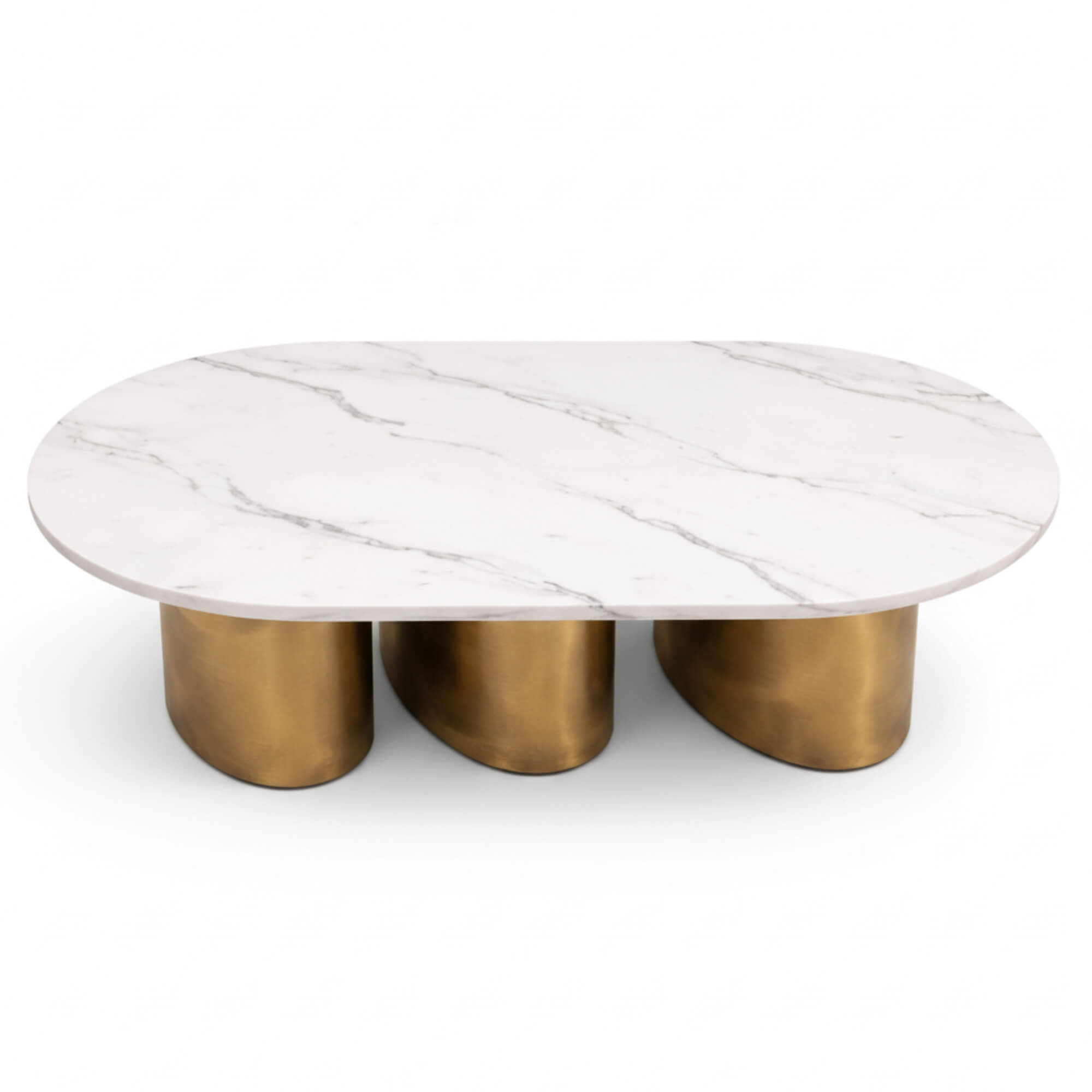 Oval Marble Coffee Table 821 focuses on the rounded, pill-shaped design of the tabletop and the symmetrical layout of the three gold supports.