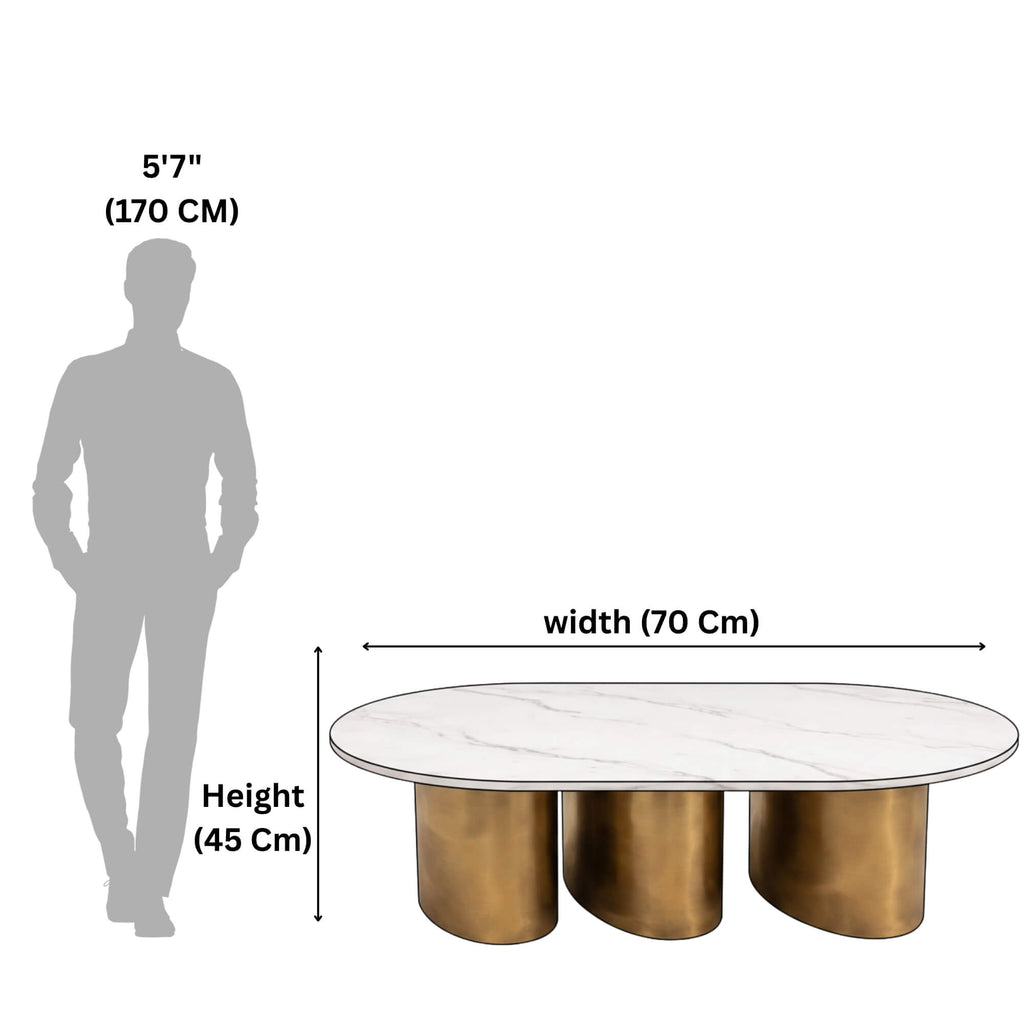 Oval Marble Coffee Table 821 illustrates the height and width dimensions of the coffee table.
