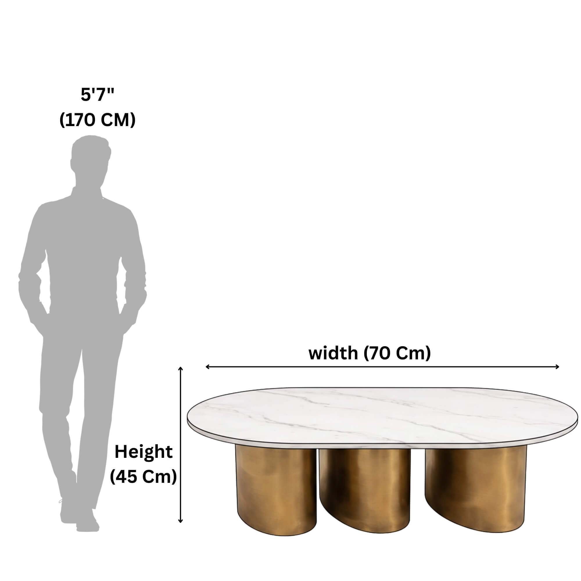 Oval Marble Coffee Table 821 illustrates the height and width dimensions of the coffee table.