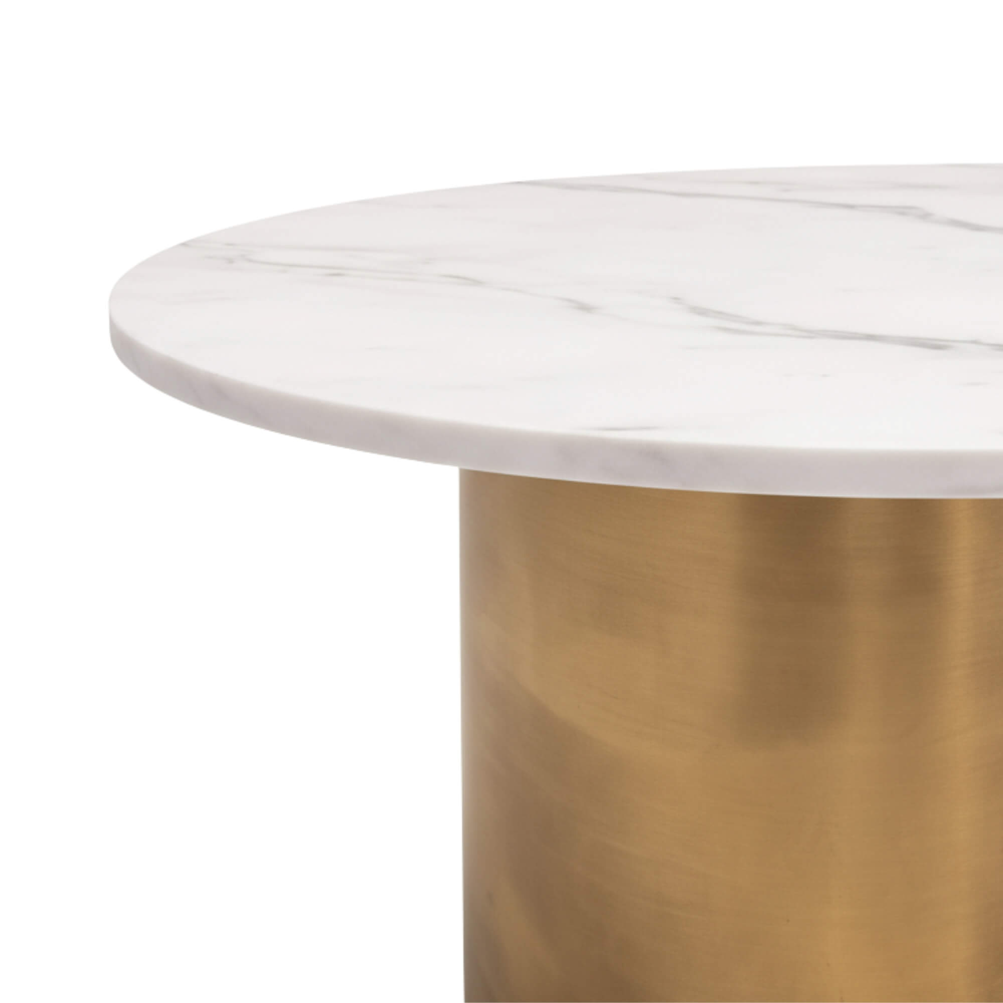 Oval Marble Coffee Table 821 presents a thin profile of the white marble tabletop and the heavy gold cylindrical legs.