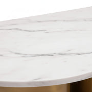 Oval Marble Coffee Table 821’s smooth surface and the grey veining pattern of the white marble tabletop are  highlighted.
