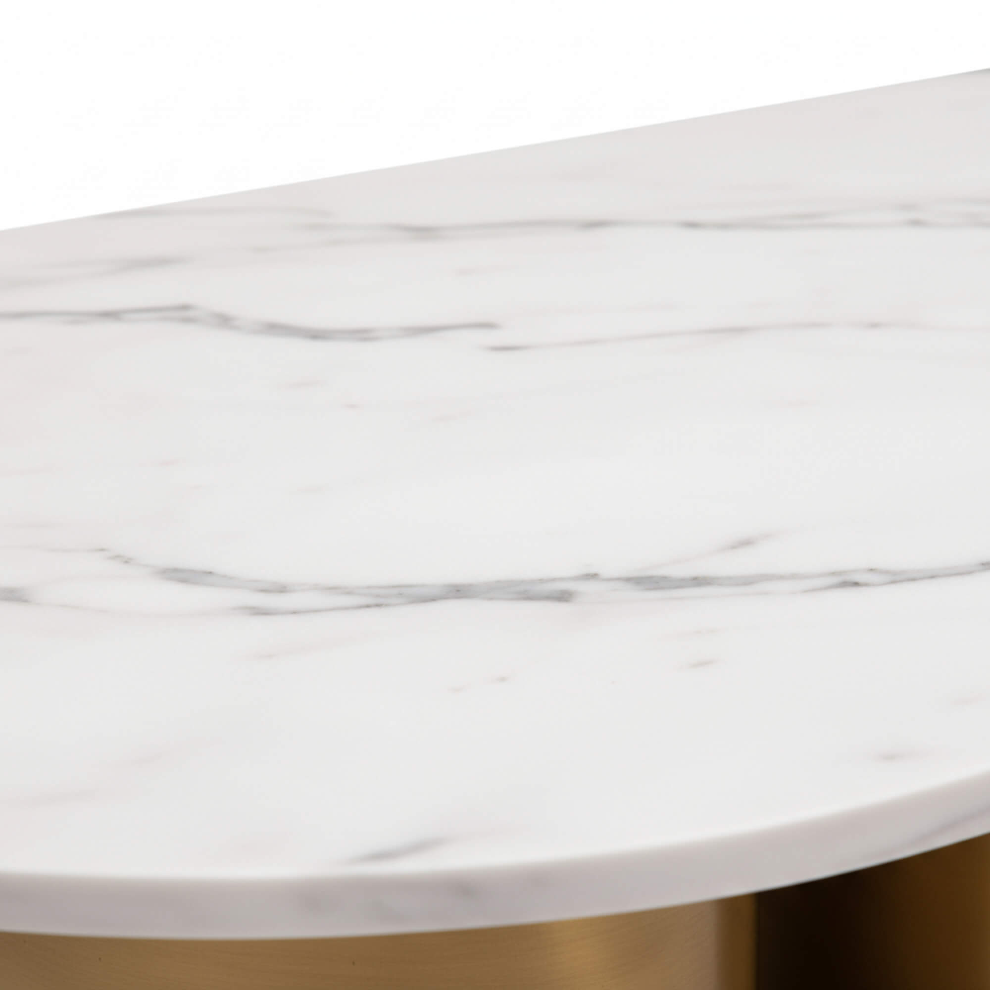 Oval Marble Coffee Table 821’s smooth surface and the grey veining pattern of the white marble tabletop are  highlighted.