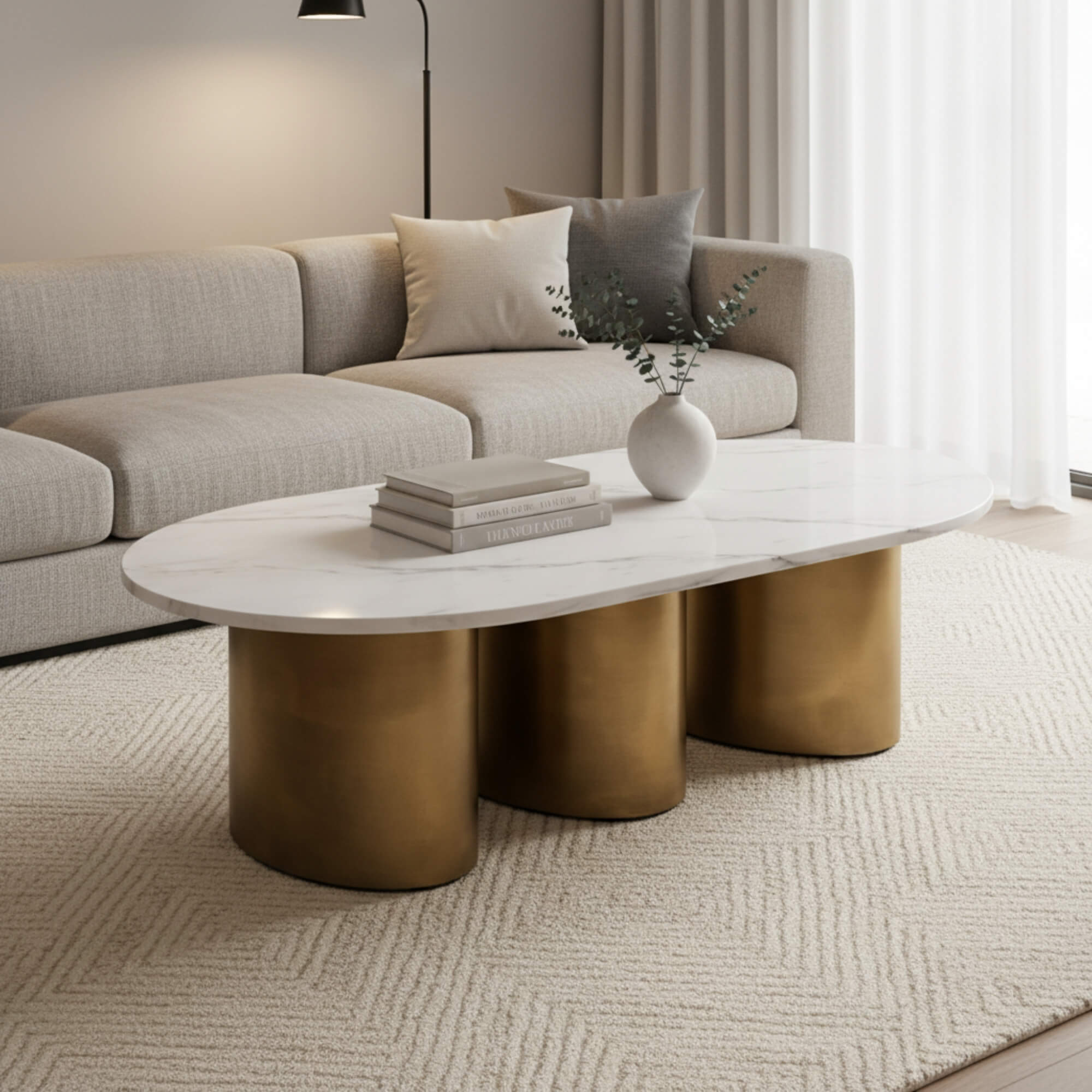 Oval Marble Coffee Table 821 with marble top and sturdy SS Base| Krishna Furniture.