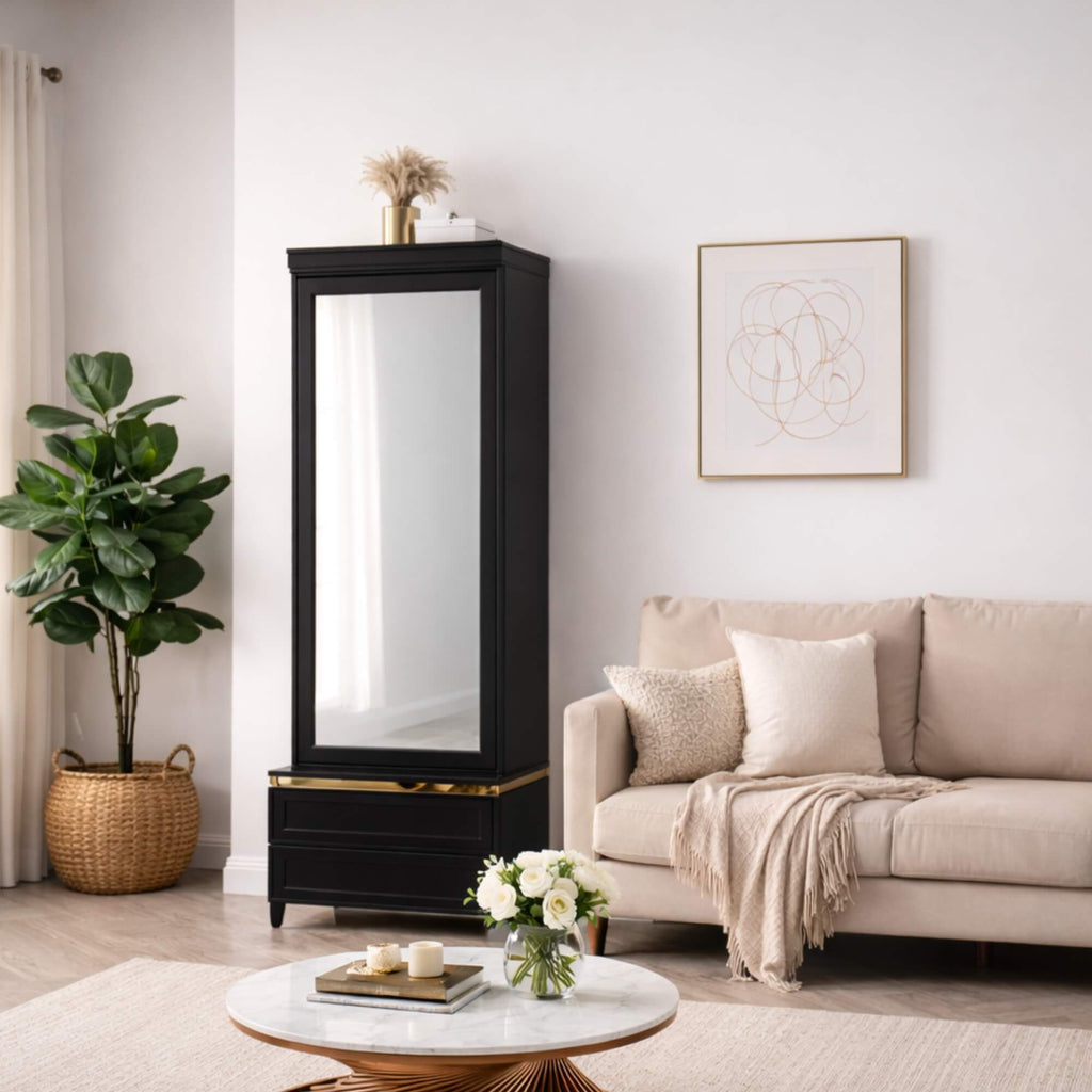 Pacific Dressing Table in premium black colour and full-length mirror| Krishna Furniture.
