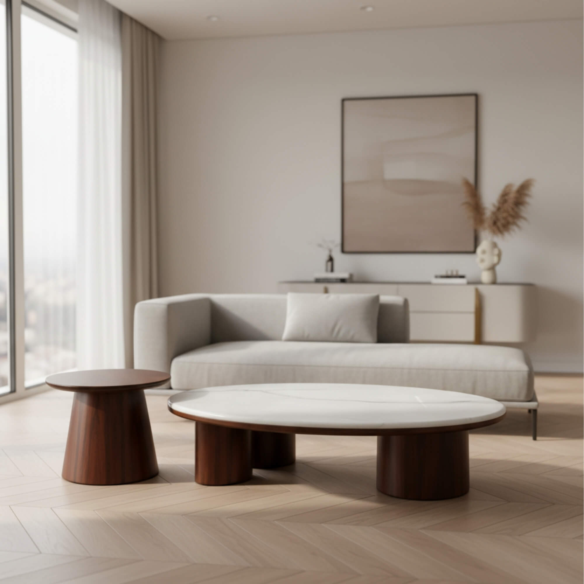 Perigold Coffee Table – Soft Curves with Refined Wooden Detailing
