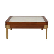 Reno Marble Coffee Table beautifully uses white stone inlay top, a rich wood frame, and gold corner accents on slim gold legs.