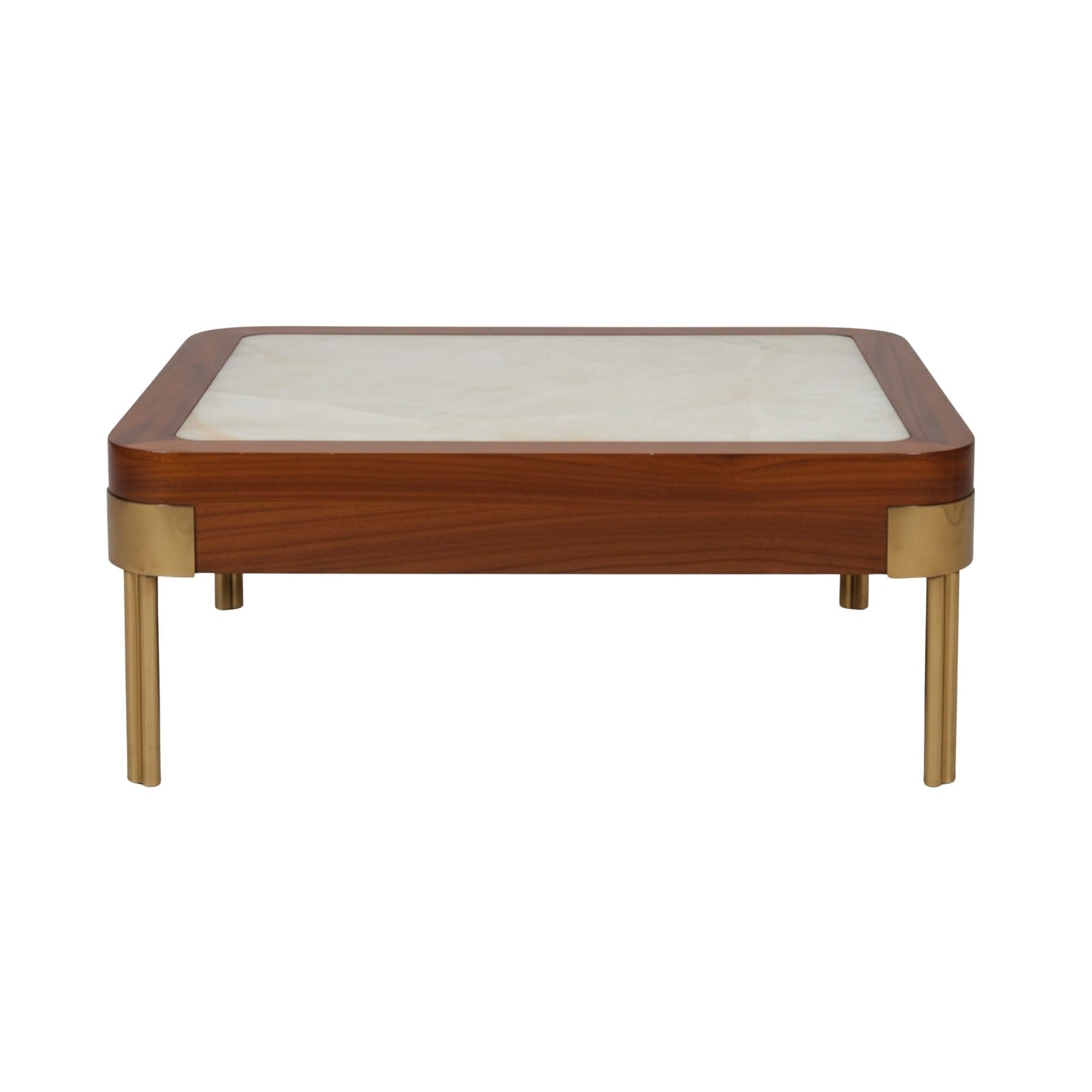 Reno Marble Coffee Table beautifully uses white stone inlay top, a rich wood frame, and gold corner accents on slim gold legs.