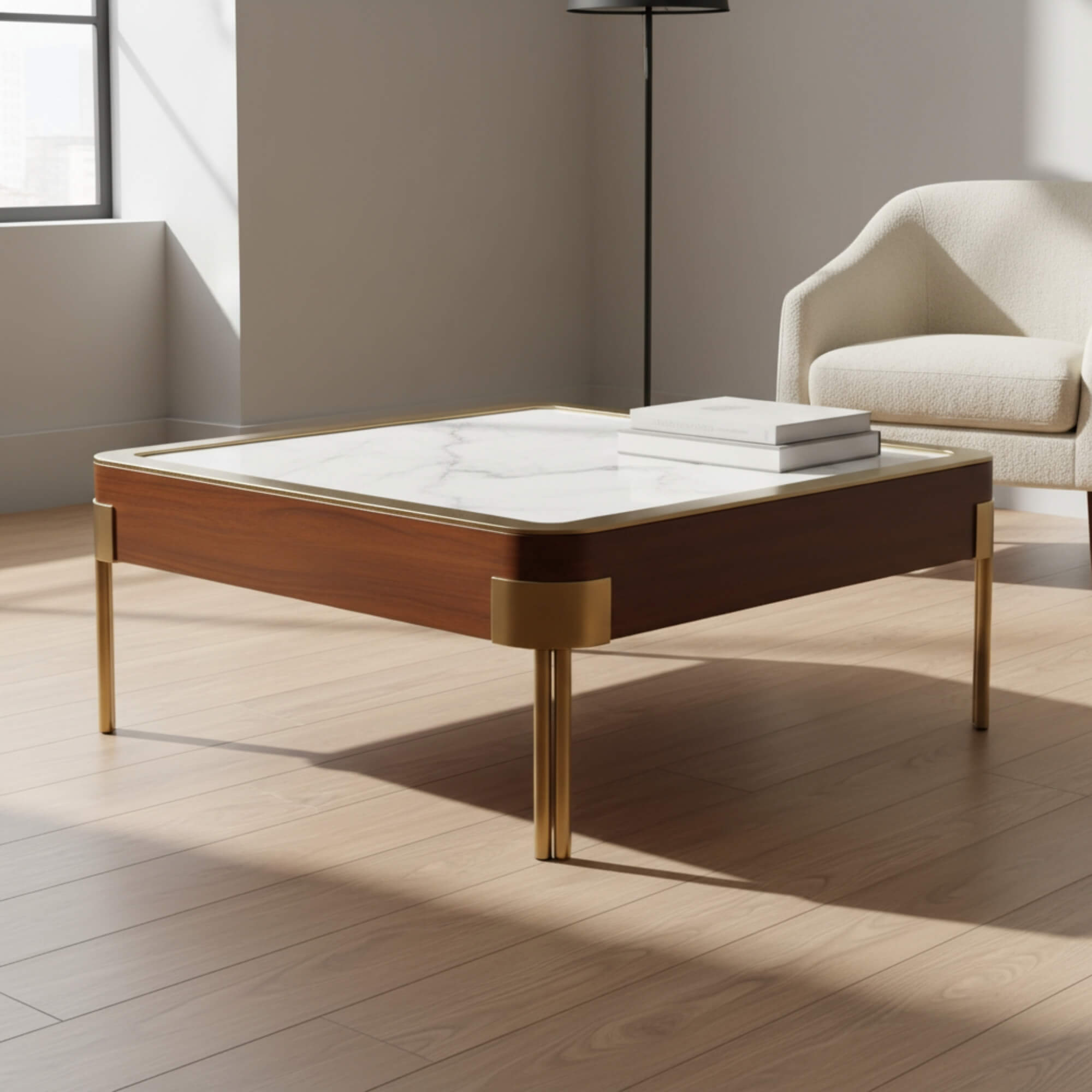 Reno Marble Coffee Table with marble table top crafted with teak wood and metal legs | Krishna Furniture.