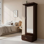 Shell Dressing Table in walnut colour and a full-length mirror beneath with a spacious drawer below it | Krishna Furniture.