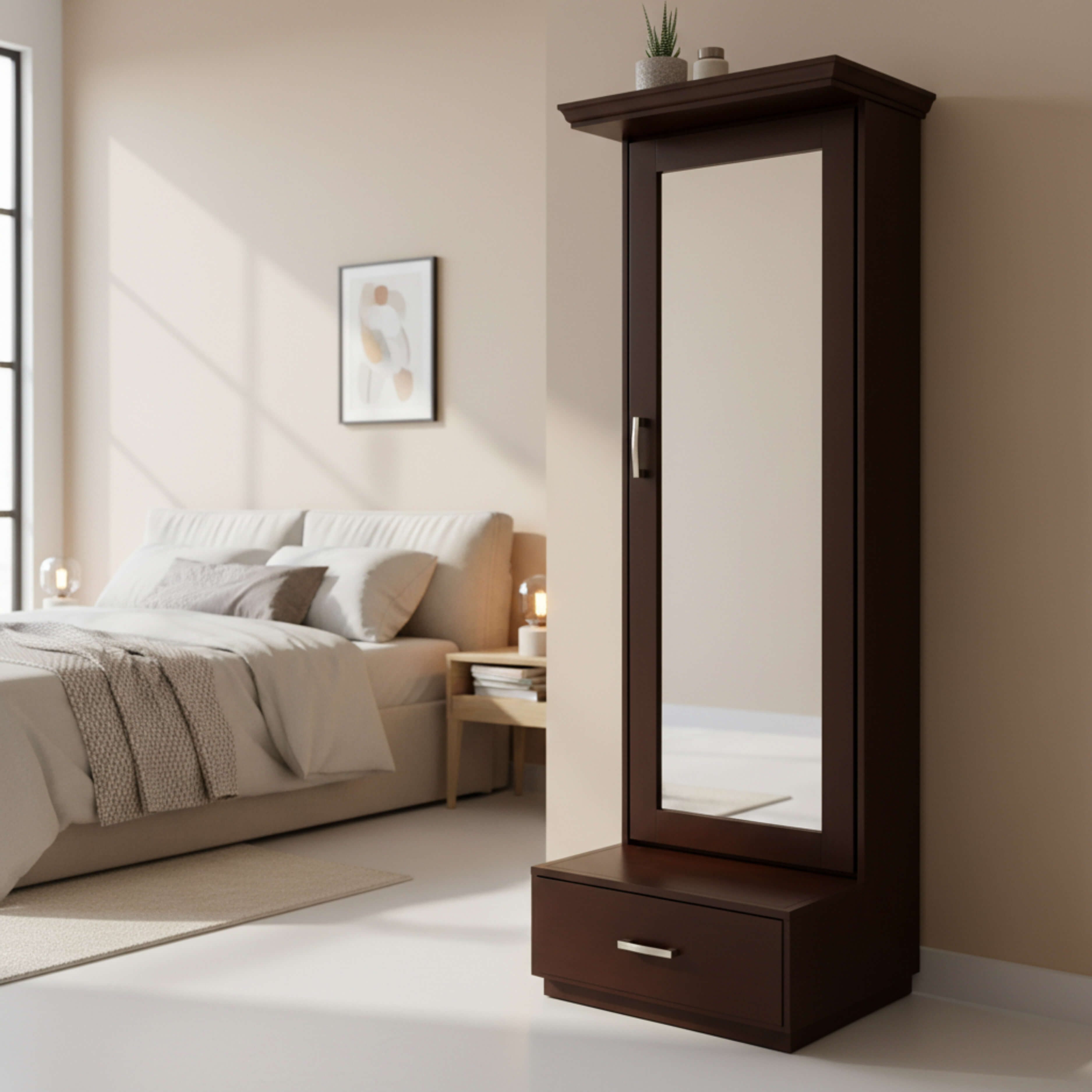 Shell Dressing Table in walnut colour and a full-length mirror beneath with a spacious drawer below it | Krishna Furniture.