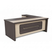 Wooden office desk with a dark brown and beige finish on a white background