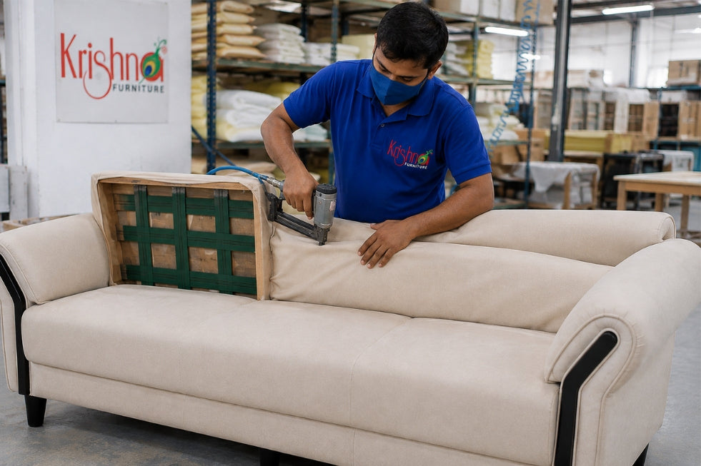 Custom furniture being built at the Krishna Furniture factory