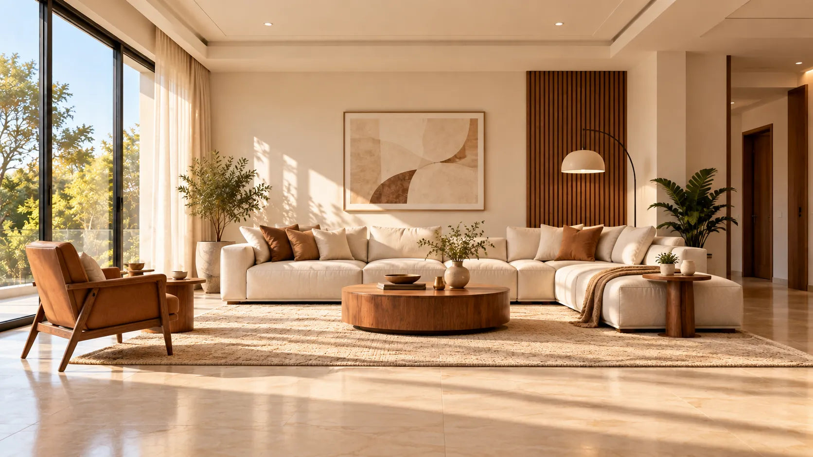 After: the same room furnished with a sectional sofa, coffee table and decor