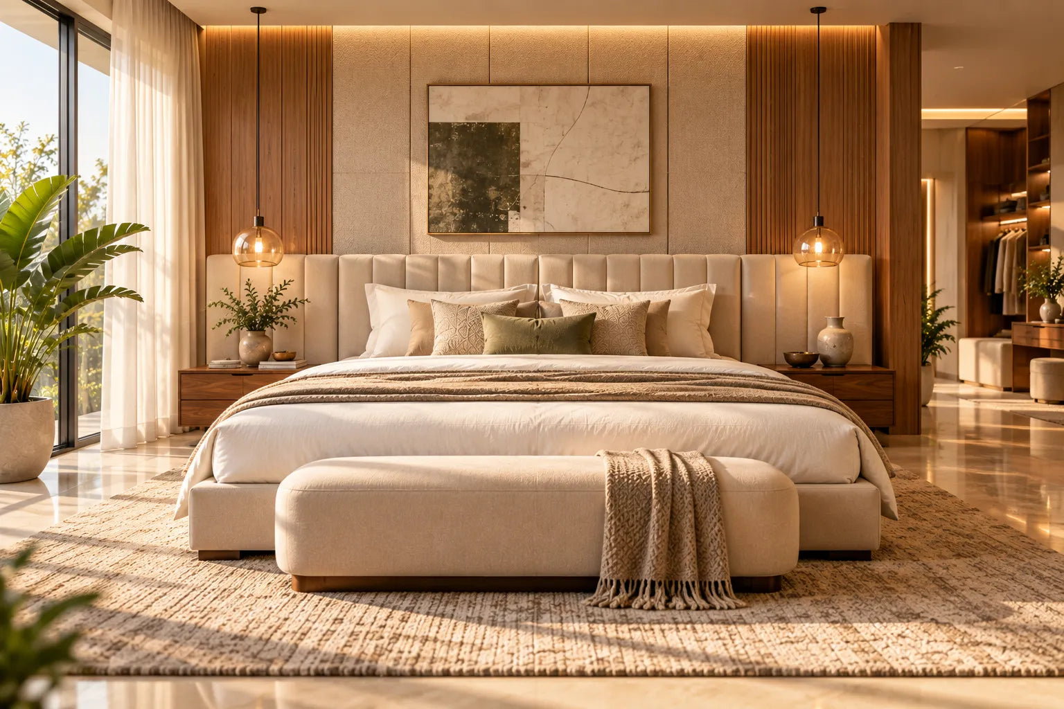 Upholstered king-size bed with wooden headboard