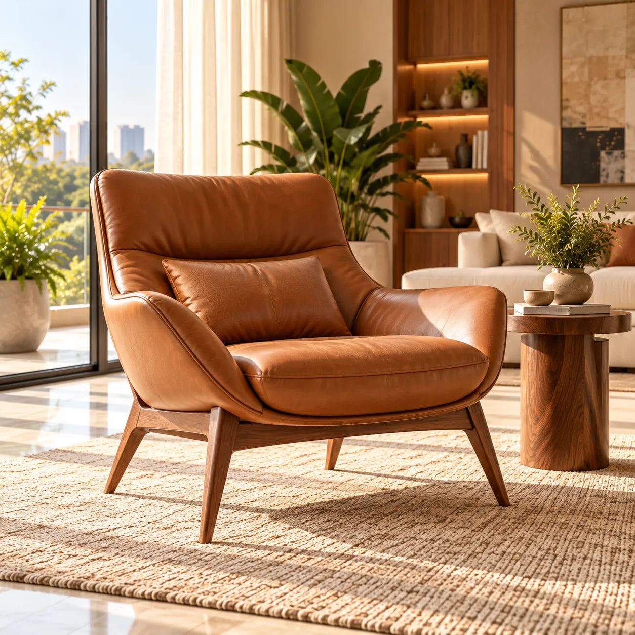 Tan leather lounge chair beside a window