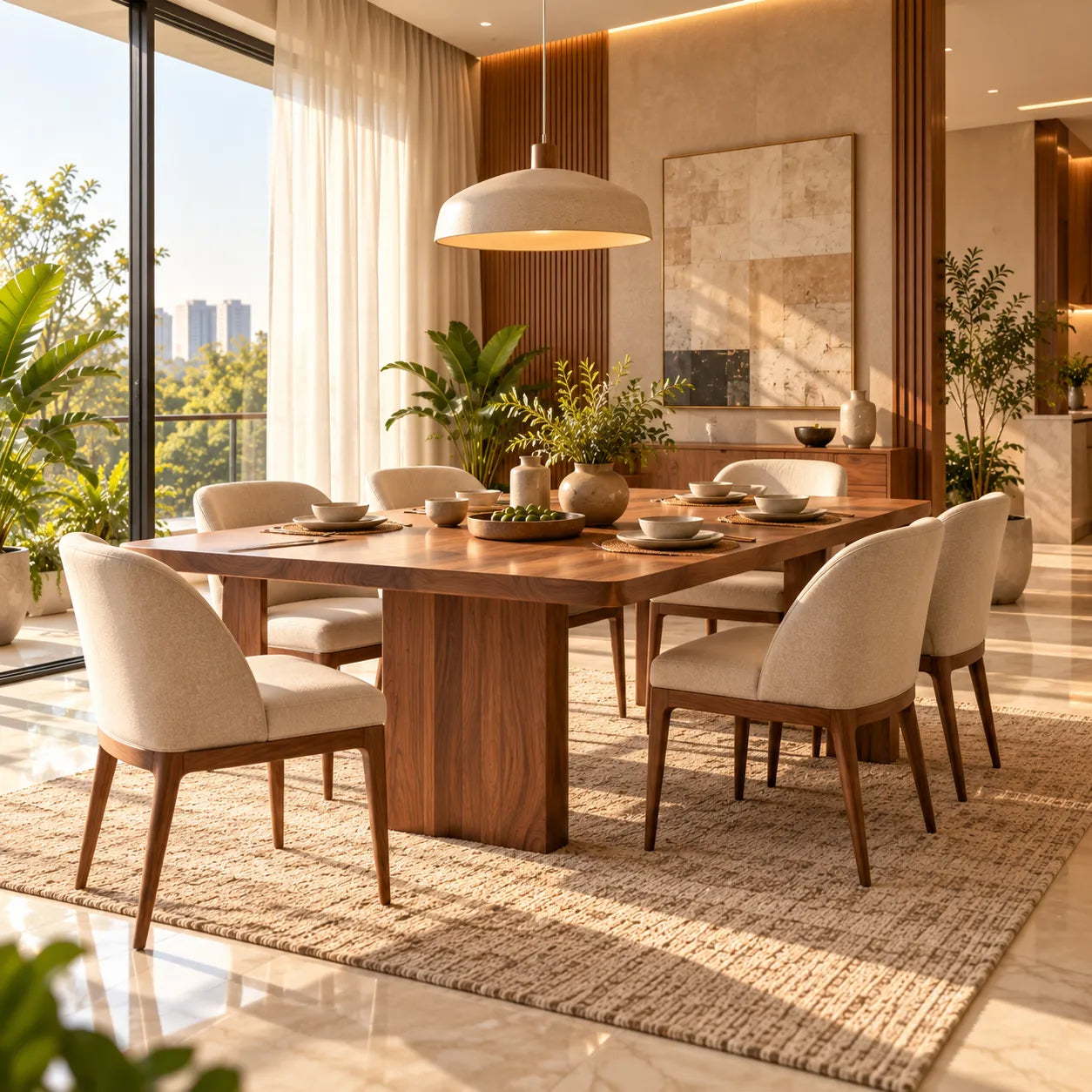 Solid wood dining table with upholstered chairs
