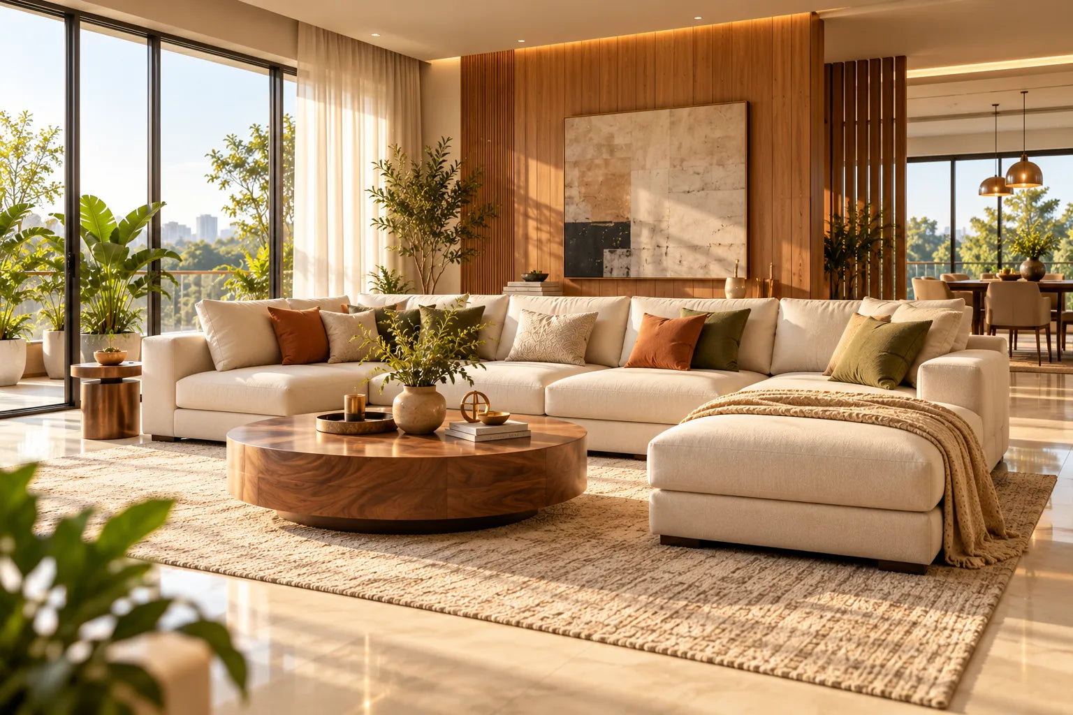 Cream sectional sofa in a sunlit living room