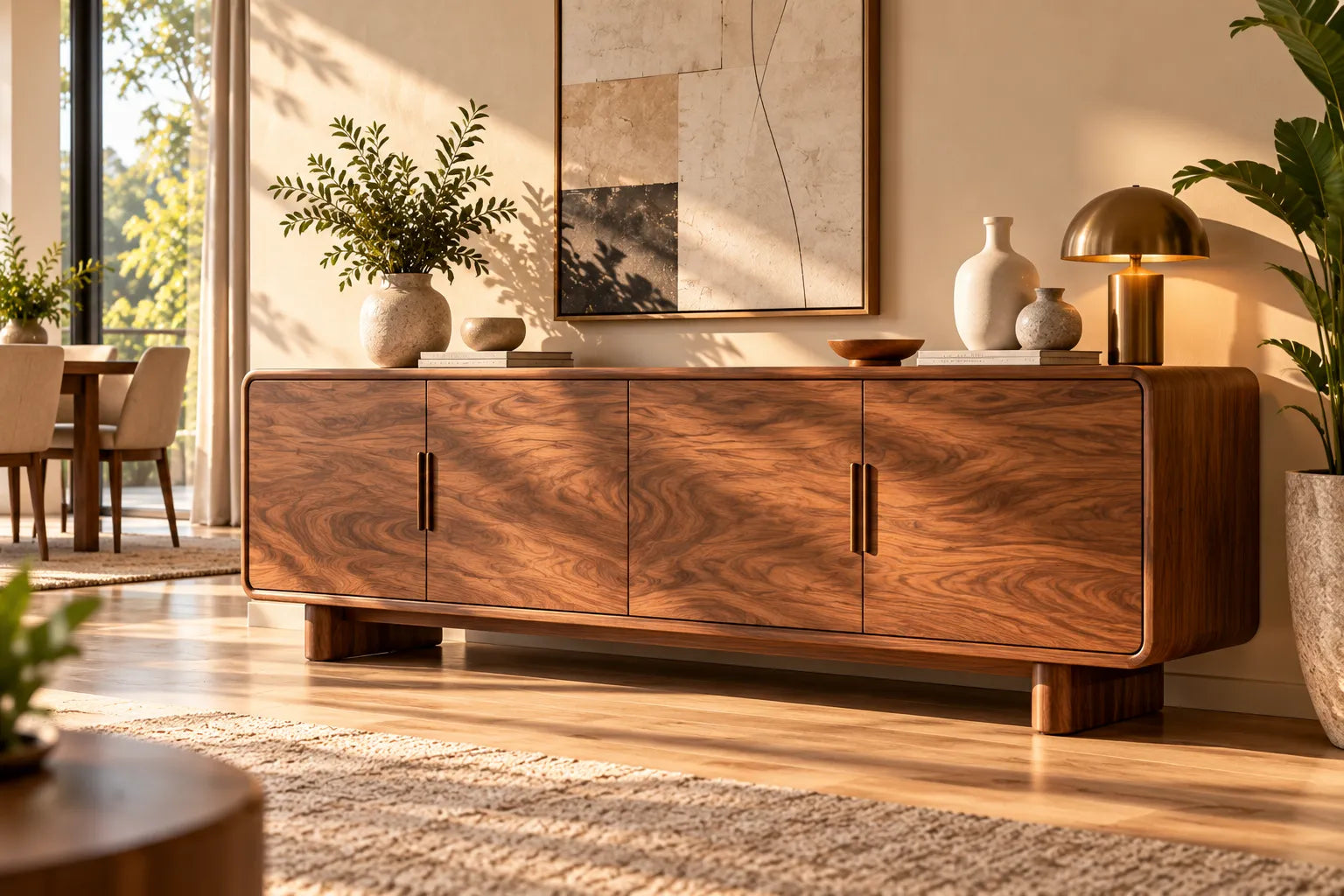 Walnut sideboard with decor and plants