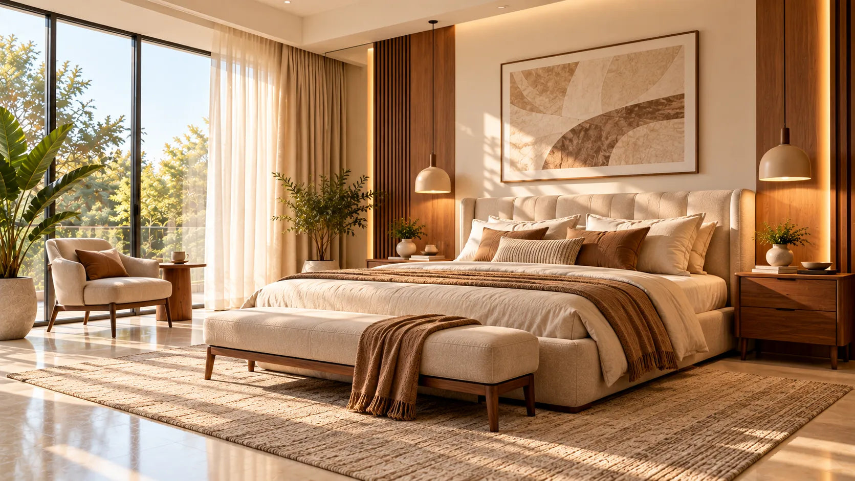 Premium bedroom with upholstered bed and warm lighting
