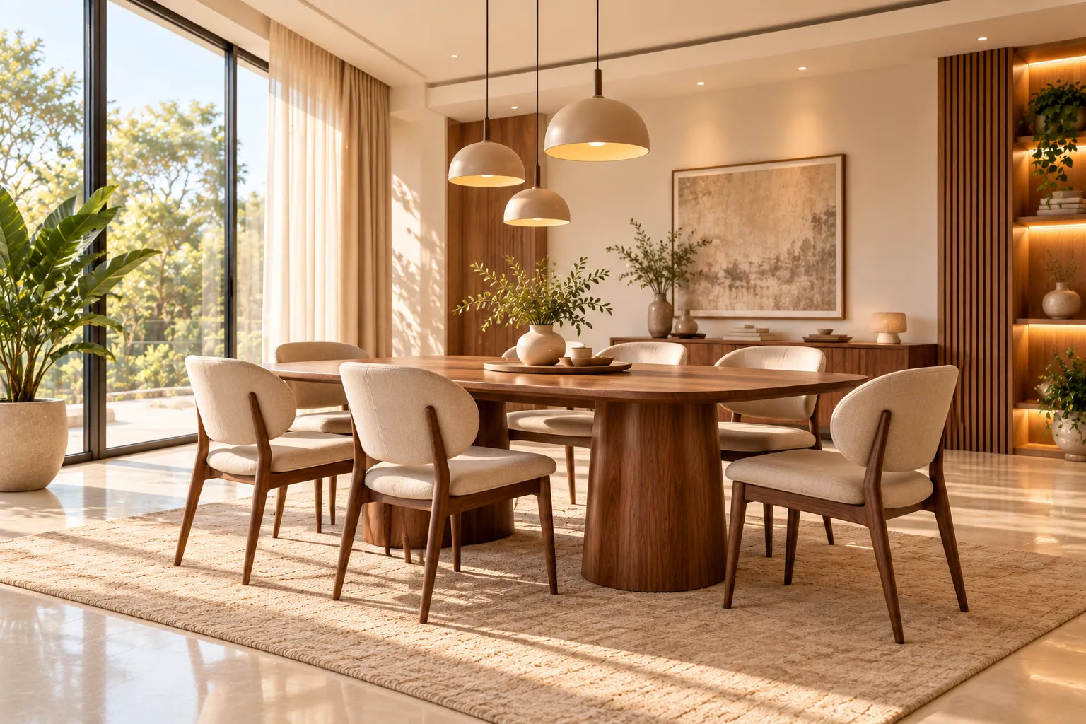 Elegant dining space with a wooden table for six