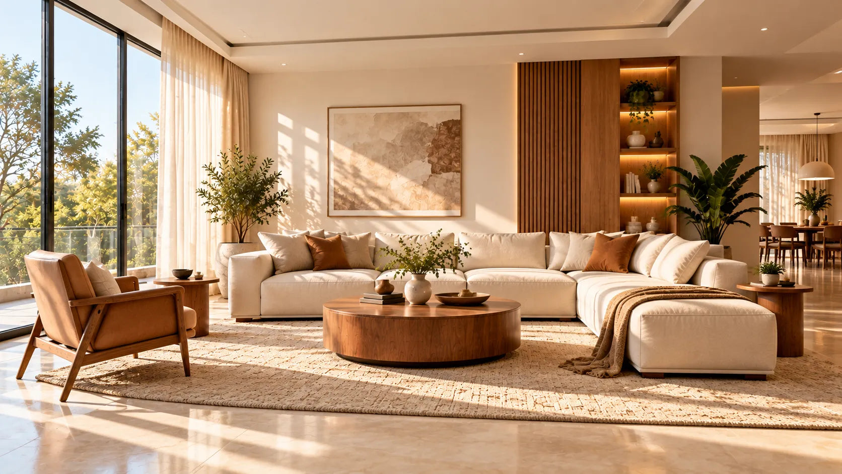 Modern living room with sectional sofa and wooden accents