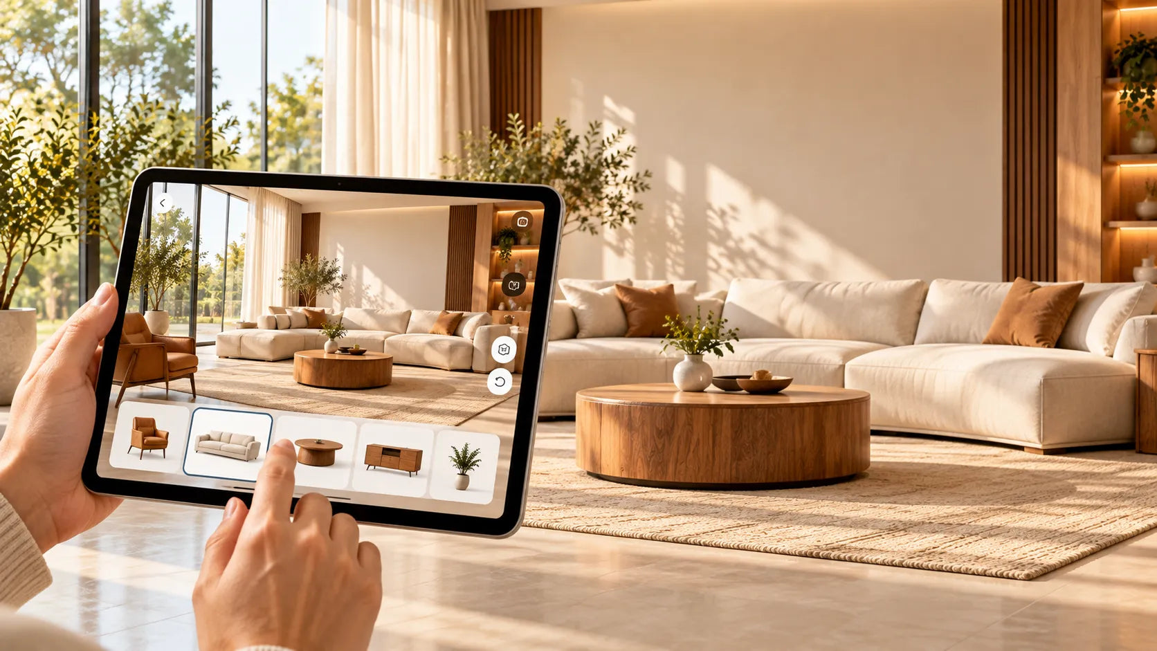 Hand holding a tablet showing a 3D preview of a living room with a sofa